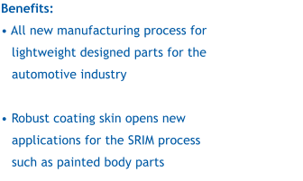 Benefits:  • All new manufacturing process for lightweight designed parts for the automotive industry  • Robust coating skin opens new applications for the SRIM process such as painted body parts