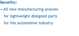 Benefits:  • All new manufacturing process for lightweight designed parts for the automotive industry